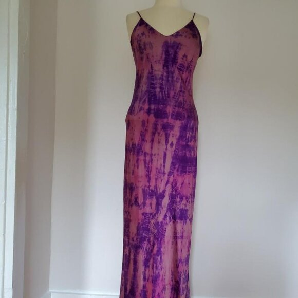 NEW long Silk Slip Dress lingerie chemise pink purple tie dyed medium 6 8 10 12 - Picture 2 of 5